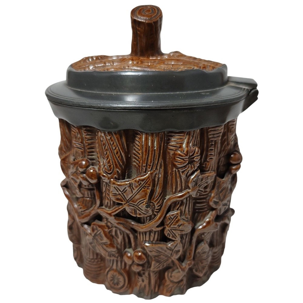 Antique French Salt Glazed Tobacco Jar Applied Branches Acorn Hinged Lid 6in SEE